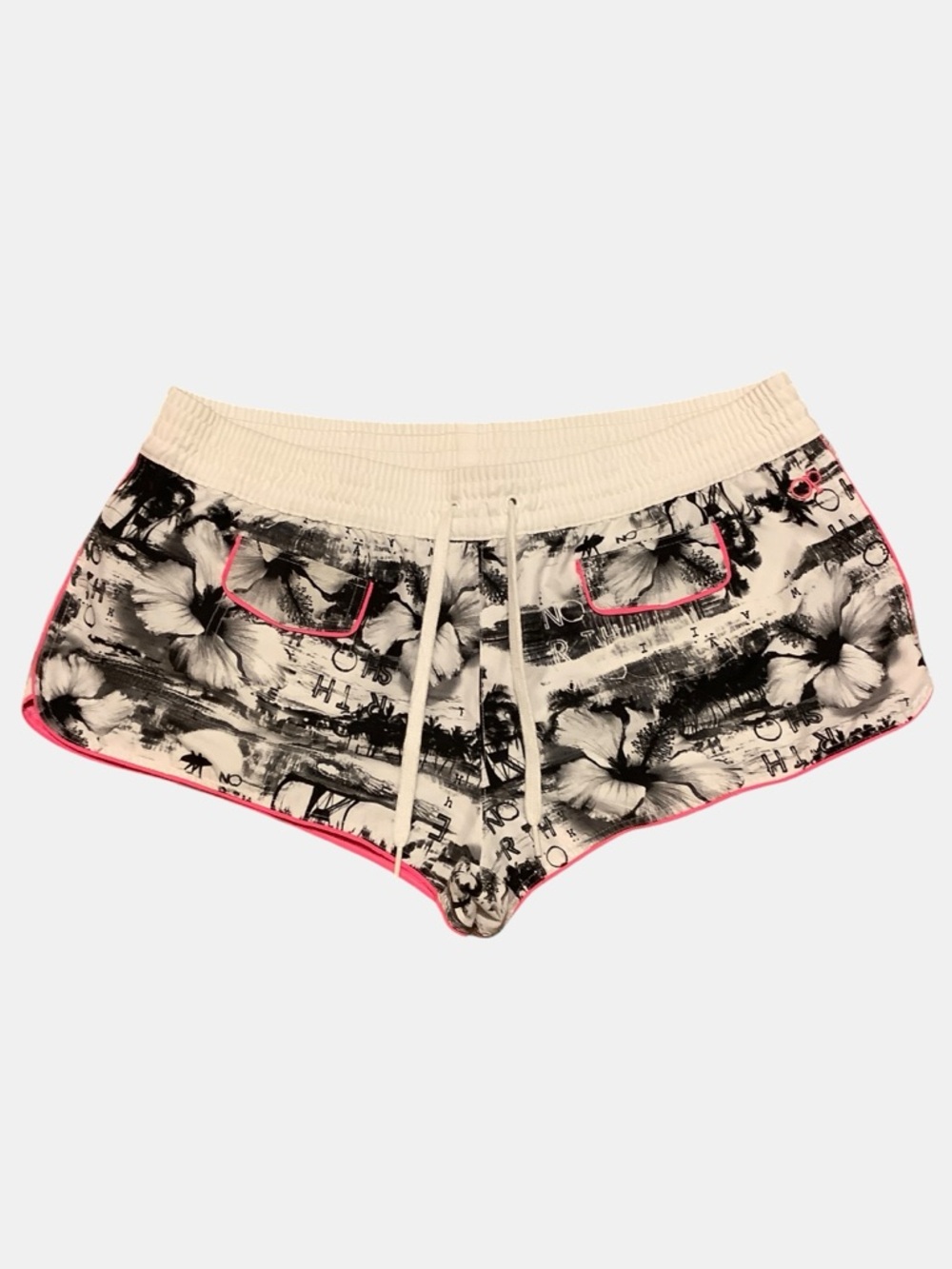 OP Floral Beach Shorts XL Black White Pink Trim Tropical Y2K Surf